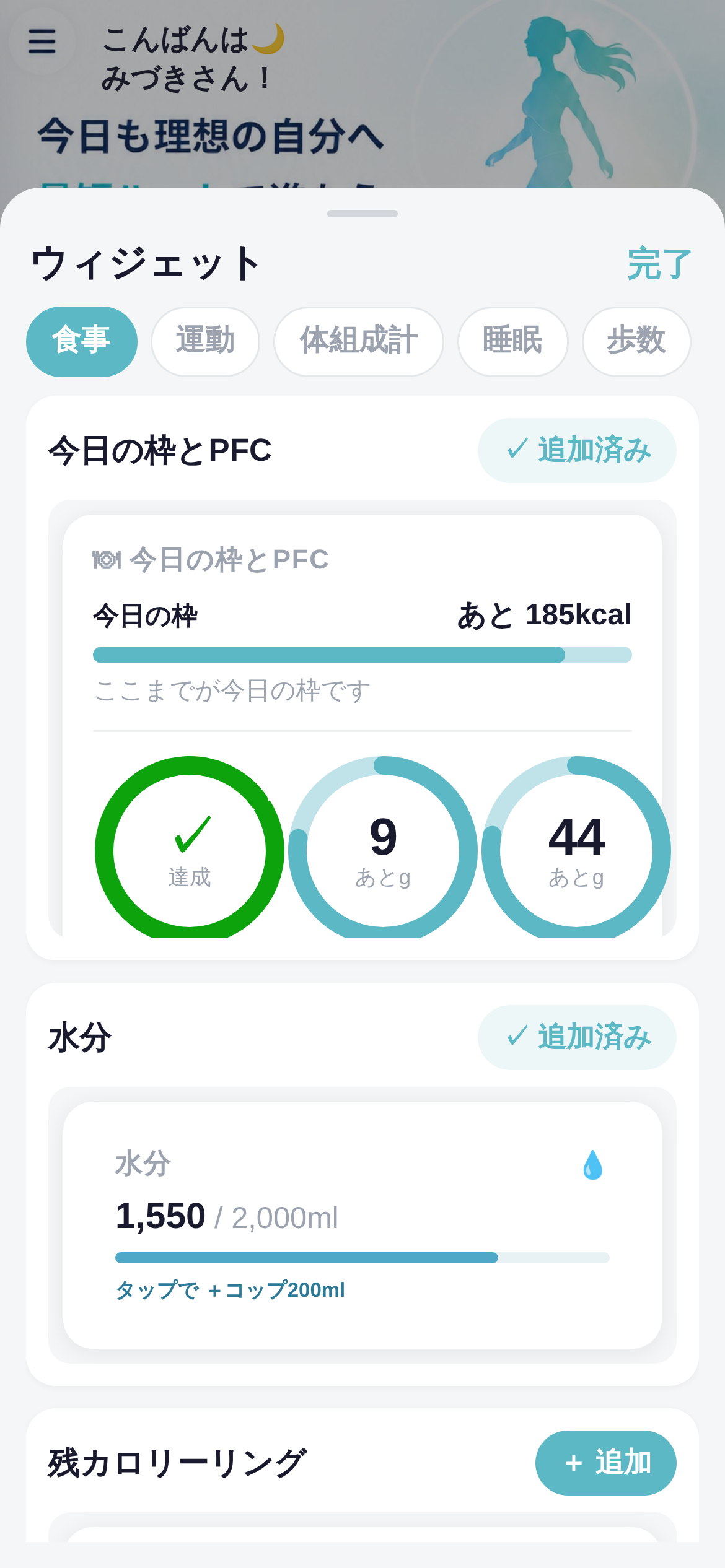 ウィジェットギャラリー。今日の枠とPFC・水分などを追加できる